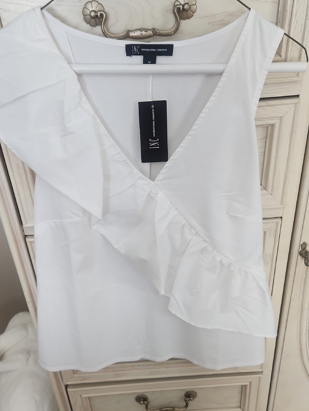 INC International Concepts White Ruffle V-Neck Top.